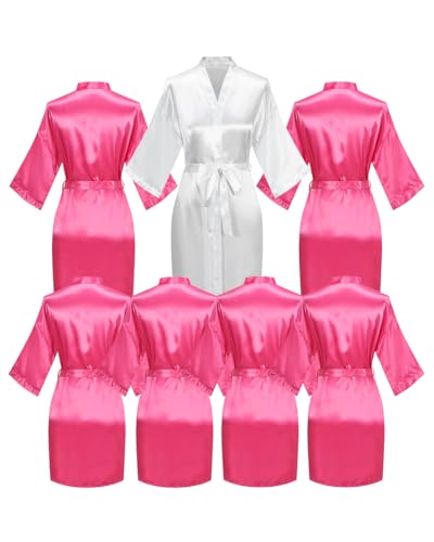 Image of 7 Pieces Women Silky Robe Satin Kimono Wedding Shower Bride Bridesmaid Bathrobe Spa Party Sleepwear