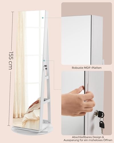 SONGMICS JJC007W01 Schmuckschrank mit Spiegel auf Füßen, abschließbar, mit 6 LEDs, Schmuckaufbewahrung, um 360° drehbar, rahmenlos, 3 Ablagen, weiße Oberfläche, schwarze Innenauskleidung