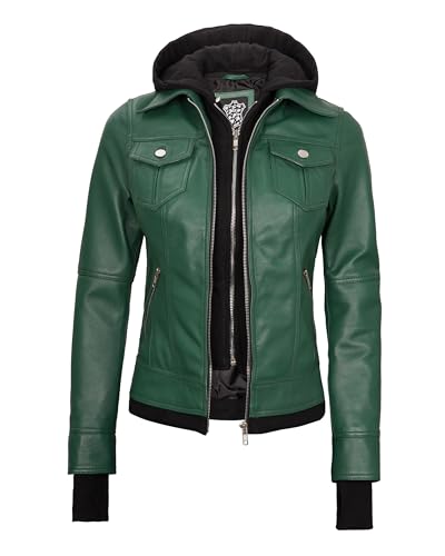 Image of Womens Leather Jacket with Detachable Hood - Real Lambskin Bomber Jacket Thumbholes Women