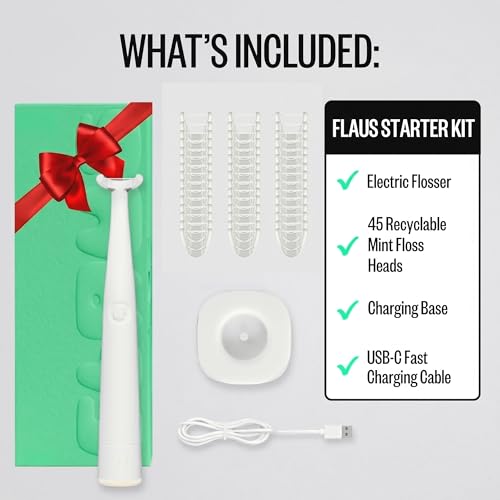 Image of FLAUS Electric Flosser (Extra Strength Woven) - Shark Tank + Oprah's List - Water Floss Alternative - Plaque Remover for Adults - Easy Vibration Flossing - Safe Portable Gum + Teeth Cleaning Tool