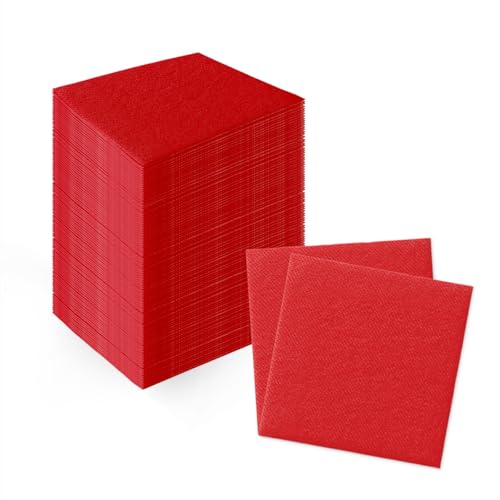 PAW - 100-Pack Disposable Linen-Feel Cocktail Napkins 4 x 4 Red Premium Paper Desert Napkins for Parties Events Elegant Cloth-Like Beverage Napkins For Bars Restaurants Catereres