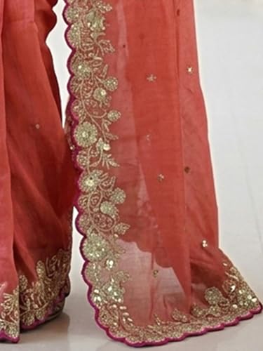 Image of SIRIL Women's Shimmer Georgette Scalloped Border Sequins Embroidery Saree with Unstitched Blouse Piece