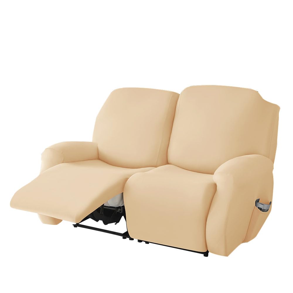 Funda suave y elástica para sillón reclinable, antideslizante, con bolsillos laterales, color crema, funda para muebles de 2 plazas, fácil de limpiar e instalar.