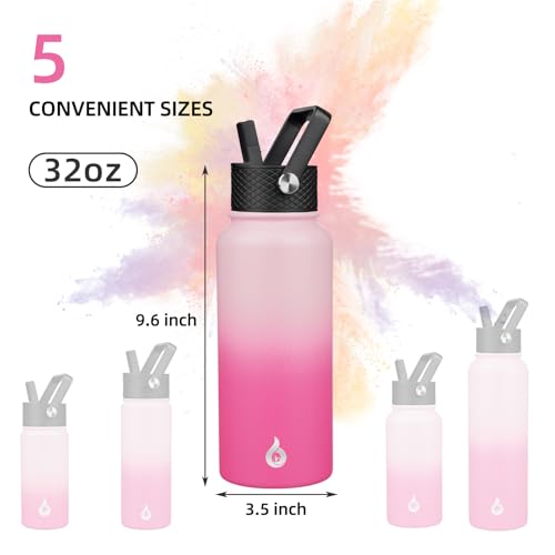 Image of BJPKPK Insulated Water Bottles with Straw Lid, 32oz Metal Large Water Bottle with 3 Lids, Reusable Leak Proof BPA Free Thermo, Stainless Steel Tumblers for Sports, Gym, Travel-Cherry