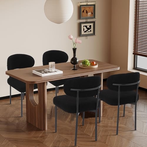 TIMSATIO Dining Chairs, Black Boucle Dining Chairs, Kitchen Dining Room Chairs Curved Backrest Comfortable Upholstered Mid Century Modern for Dining Room Decor (4, Black)