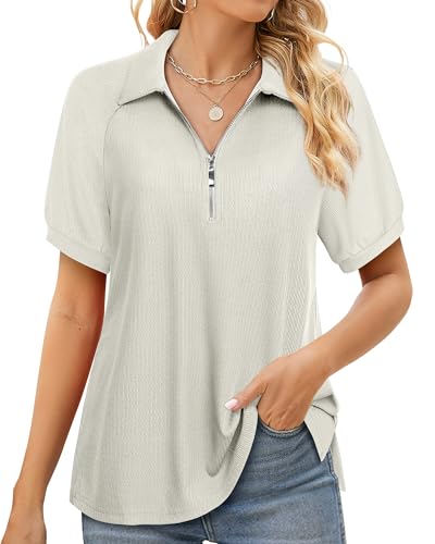 Vafoly Blusen Tuniken für Damen Kurzarm Sommer Oberteile Business Tunika Shirt Lässig Blusen mit Reißverschluss V-Ausschnitt Einfarbig Silberne Birke XL