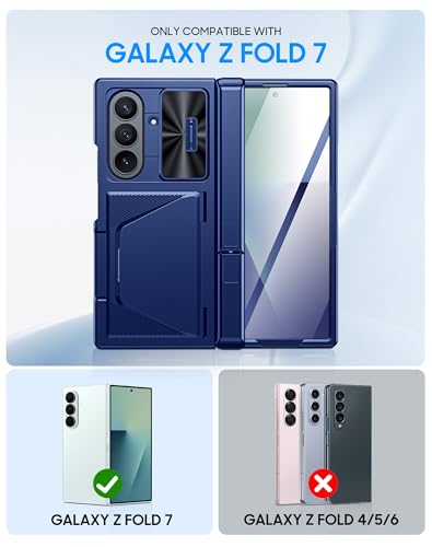 Image of for Samsung Galaxy Z Fold 7 Case with Card Holder RFID Blocking, Built in Slide Lens Cover & Hinge Protection & Kickstand & Screen Protector, Shockproof Wallet Case for Z Fold 7 (Sapphire Blue)