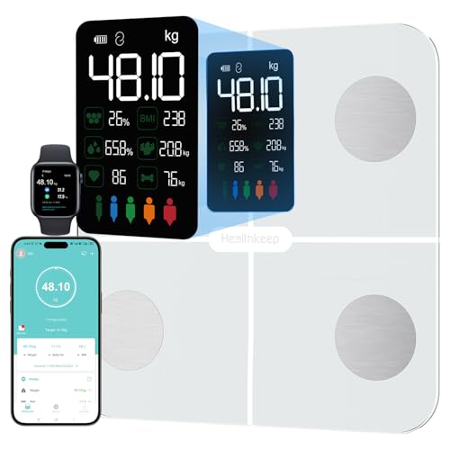 Báscula digital, con grasa corporal y masa muscula, para 15 datos corporales, medidor de frecuencia cardíaca, para Apple Health y Samsung Health