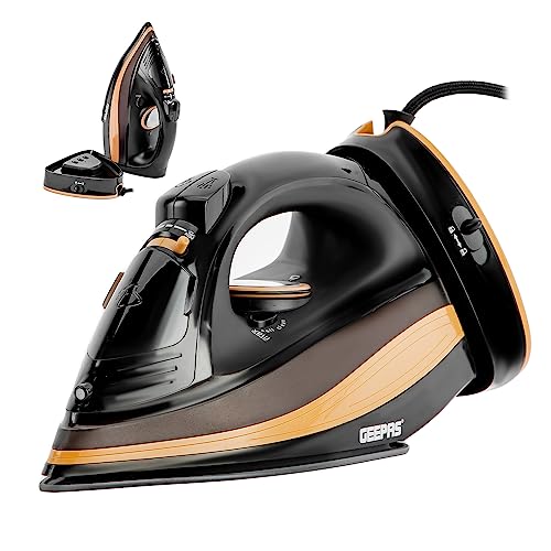 Geepas 2 in 1 Cordless Steam Iron - Ceramic Soleplate, Use Corded or Cordless - 300ML, Vertical & Burst Steam - Anti-Drip & Anti-Calc Function - Extra Long 3 Metre Power Cord - 2400W, Black & Gold