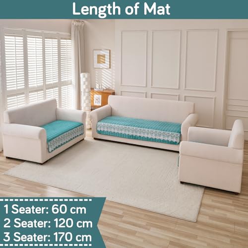 Image of HOKIPO 'BelleLace Series' 6 Seater Sofa Cover Mat in 3+2+1 Configuration | Imperial Milk Velvet with Lace Design | Teal (AR-5966+5964+5962-TEAL)