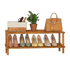 Wooden Shoe Rack – Footwear Storage Organiser Unit Shelf Dvd Books Tier Slated | Storage Stackable Organiser Multi-use – Easy To Assemble, Space Efficient, Hallway Front Door (Walnut Effect, 2 Tier)