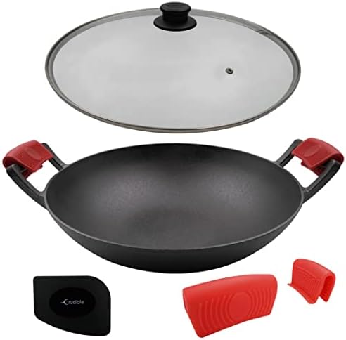 Crucible Cookware 14-Inch Cast Iron Wok Set (Pre-Seasoned), Glass Lid & Silicone Hot Handle Holders