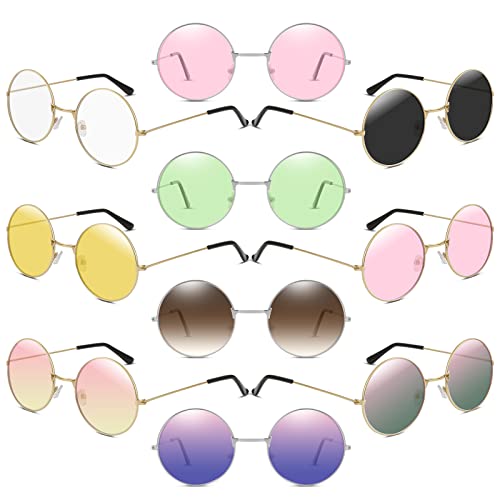 Comius Sharp 10 Pares de Gafas de Sol Hippie de Colores Retro, Gafas Divertidas con Montura Redonda Estilo Años 60, Lentes Planas con Montura Metálica de Alambre para Disfraces para Mujeres y Hombres