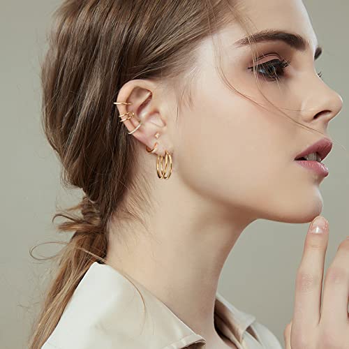 Sevenwell 14K Gold Cuff Ear No Piercing Cartilage Earrings, 925 Sterling Silver Adjustable Ear Clip Fake Earrings 3Pcs #TOP3