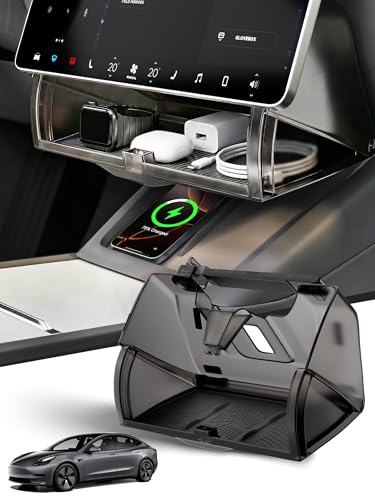 Guaiblue Under Screen Storage Box for Tesla Model Y and Model 3, Hidden Organizer Tray with Soft-Close Lid, Silicone Mats, Fits Juniper, Highland, and Earlier Versions
