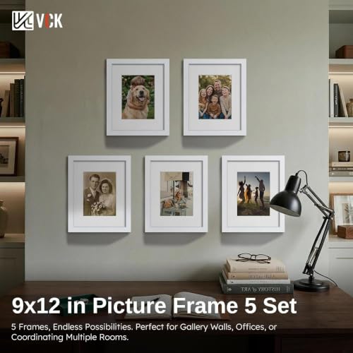 Image of VCK 9x12 Frame 5 Pack, White Wood, 6x8 Mat, Glass, for Picture Photo