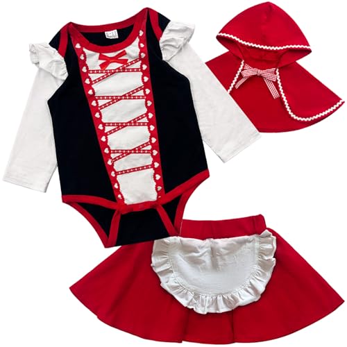 Xuomuen Baby Girl Little Red Riding Hood Costume Set 3-Piece Outfit with Bodysuit Cape and Skirt 0-3 Months
