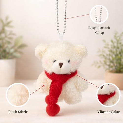 Image of Snow White Plush Teddy Bear Keychain with Red Knitted Scarf & Silver Ball Chain - Soft Fluffy Mini Bear Charm with Warm White Fur Finish, Cute Aesthetic Hanging Accessory for Keys, Bags