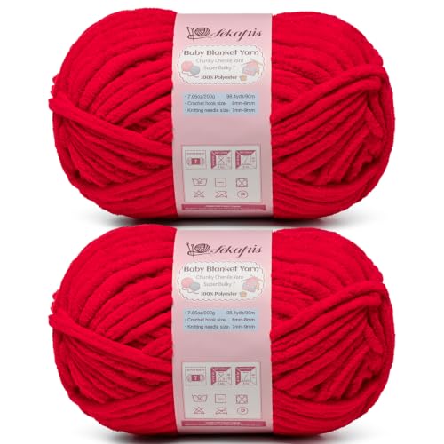 Image of 2 Pack Red 14.1 oz /196.8 yds Chunky Chenille Yarn for Crocheting, #7 Super Bulky Baby Blanket Yarn for Crocheting Soft, Fluffy Velvet Yarn for Knitting, Amigurumi Crochet Yarn for Crafts