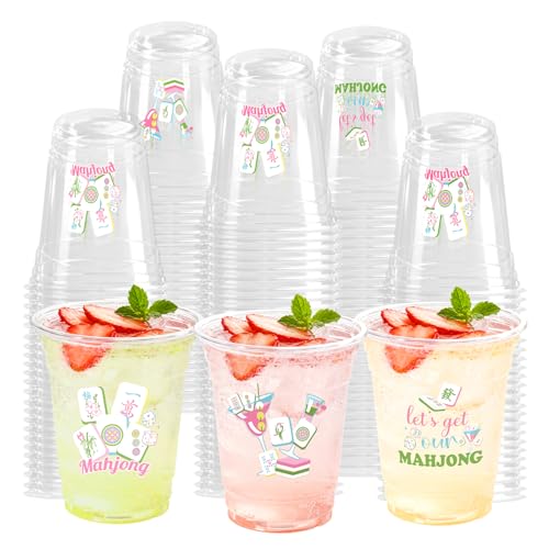 KOPOOEOE 100 Pcs 12oz Mahjong Plastic Cups for Parties Disposable Clear Themed Birthday Decorations Game Night Supplies Gifts for Mah Jong Lovers