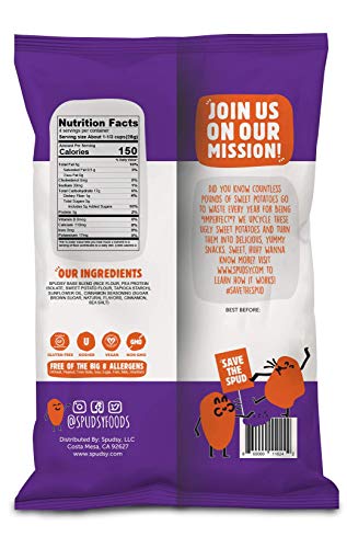 Spudsy Sweet Potato Puffs | Vegan, Gluten Free Snacks | Plant-Based, Allergen-free, Non-GMO, Kosher, Superfood Snack | Cinnamon Churro (8 Pack, 1 oz Bags)