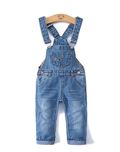 KIDSCOOL SPACE Monos de mezclilla para niña pequeña, pantalones delgados lindos de mezclilla rasgados para niños pequeños, azul claro, 9-12 meses Cover