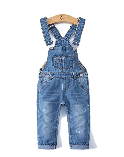 KIDSCOOL SPACE Salopette di Jeans da Bambina,Pantaloni Slim Carini in Denim Srappato da Bambino,Azzurro,4-5 Anni