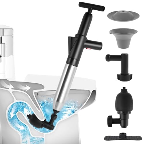 High Pressure Air Drain Blaster with Real Time Barometer, Toilet Plunger with 3 Plunger Head, Drain Clog Remover Tool, Plumbing Tools, Plunger for Bathtub Floor Drain Kitchen Sink Washbasin (black)