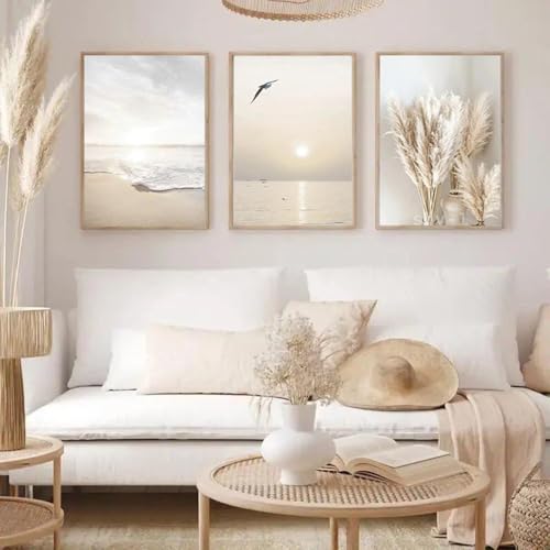 3 Affiche Nature Decoration Murale Beige Tableau Mer Plage Coucher de Soleil Pampas Poster Blanc et Beige Bohème Chic Photo Nature Paysage Boho Impression sur...