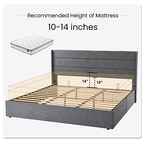 SHA CERLIN King Size Lift Up Storage Bed/Modern Wingback Headboard/Upholstered Platform Bed Frame/Hydraulic Storage/No Box Spring Needed/Wood Slats Support/Grey Blue