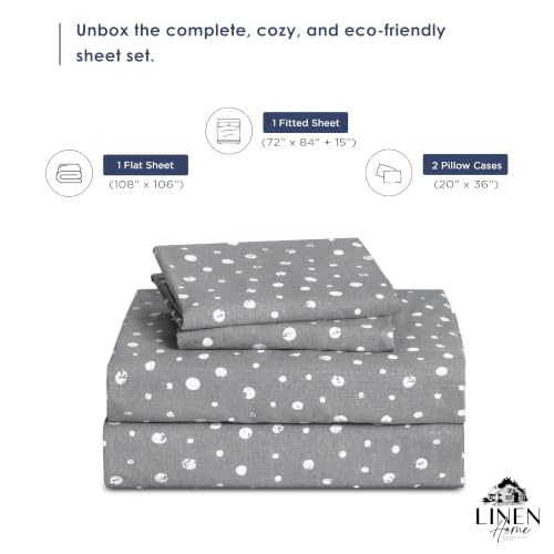 Image of Linen Home 100% Cotton Printed Percale Sheets Cal King Size Polka Charcoal