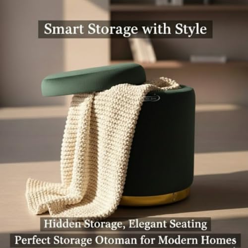 Image of Velvet Round Single Strip Ottoman Office Stool Foot Rest Stool Velvet Fabric Padded Seat Pouf Ottoman 13 X 13X 16 inch, in Round Shape for Living Room Dark Green