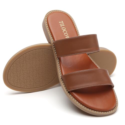 Image of Tilocow Women's Flat Sandals Two Strap Summer Dressy Studded Slide Sandals Open Toe Cute Casual Slip on Comfort Shoes for Beach Travel Daily Wear