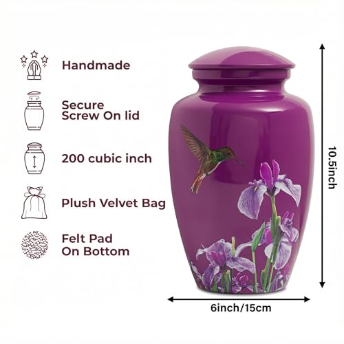 Image of Purple Hummingbird Cremation Urn for Ashes Adult Female Male | Large Urn for Human Ashes Women and Men,Decorative Burial Urn for Mom /Mother /Grandma /Sister(up to 200 lbs)
