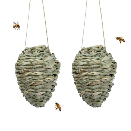 MiOYOOW Fake Wasp Nest Decoy, 2PCS Realistic Reed Woven Hornet Hive Mimic for Outdoor Garden Patio Porch Yard Protection