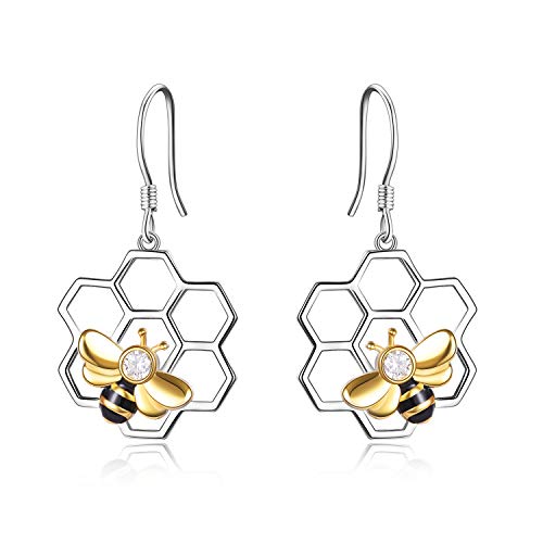 Image of LUHE Bee Earrings for Women 925 Sterling Silver Bumble Earrings with Honeycomb Honeybee Jewelry Dangle Gifts for Women