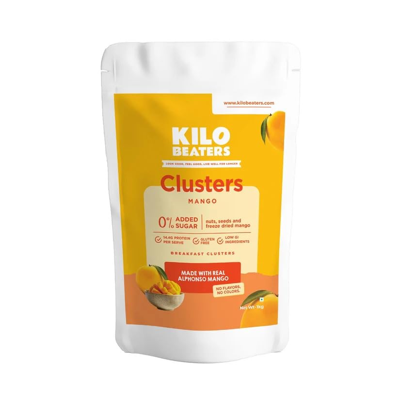 Image of Kilobeaters Mango Breakfast Clusters with Real Freeze-Dried Alphonso Mango | High Protein Granola | No Added Sugar | Gluten Free | Healthy Cereal for Breakfast & Snacking 400g