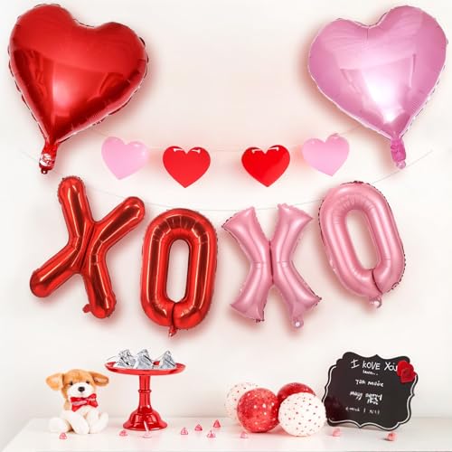 Image of Red XOXO Heart Balloons 6 Pcs Valentines Day Balloons Red Pink Gold Heart Shaped Balloon XOXO Balloon Letters for Girls Women Anniversary Sweet Valentine Day Romantic Decor Special Night Party