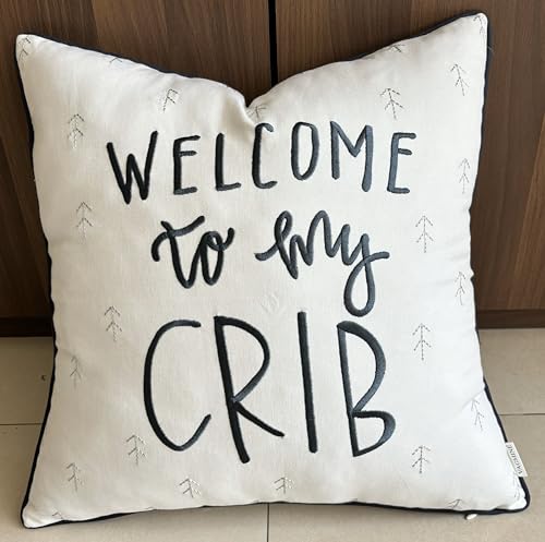 Image of VAGMINE Welcome to My Crib Quote Embroidered Decorative Square Accent Throw Pillowcase - Nursery Decor, Boys Room Decor - 18x18 Inches, Ivory
