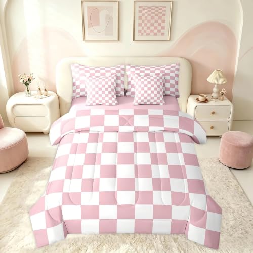 Image of Feelyou Checkered 7 Piece Bedding Set Teen Women Men Pink Plaid Comforter Set with Sheets Queen Size Kids Boys Cute Retro Neutral Checkerboard Geometric Bed in a Bag Vintage Aesthetic Room Decor