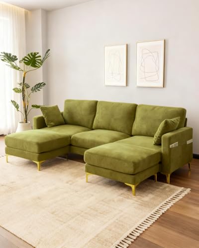 Image of Karl home 99.6 inch 3-Seat U-Shaped Sectional Sofa, Green | Chenille Upholstered, 2 Movable Ottomans, Cloud-Like Seat, 2 Throw Pillows, Comfy Deep Seat, Living Room, Apartment, Office