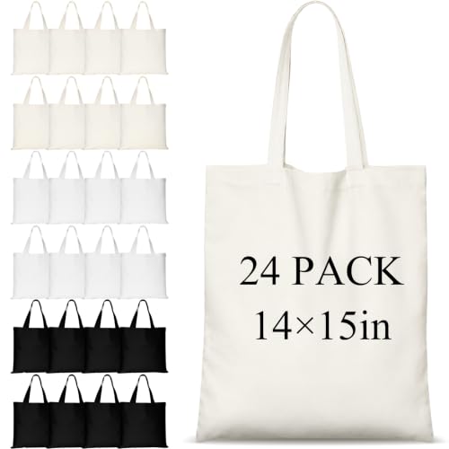 Locmeo 24 Pack Canvas Tote Bag Bulk 14 x 15 Inches,White, Beige, Black