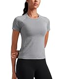 CRZ YOGA Seamless Workout Tops for Women Waist Length - Running Gym Athletic Yoga Short Sleeve Shirts Breathable Crewneck Slate Grey Marl Medium