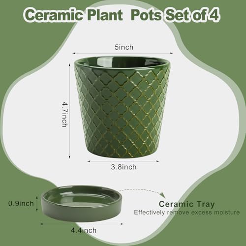 Image of EFISPSS Ceramic Plant Pots, 5 Inch Planters with Drainage Holes and Ceramic Tray, Relief Design Flower Planter, Desktop Office Windowsill Decoration Gift Set of 4 - Blackish Green