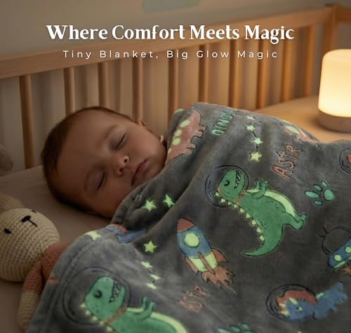 Image of BSB HOME Glow in The Dark Kids Blanket, Soft Flannel Fleece Luminous Blanket for Boys & Girls, Cozy Lightweight Kids Throw for Bed - 30 x 40 in (76 x 102 cm) (Dinosaur & Space Theme - Dark Grey)