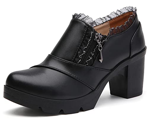 DADAWEN Women's Casual Zipper Lace Platform Mid-Heel Square Toe Oxfords Dress Shoes Black US Size 6