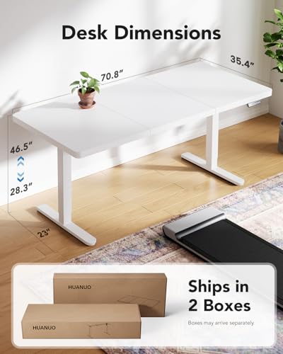 Image of HUANUO Electric Standing Desk, 71 x 35 inch Large Height Adjustable Table, Powerful Brushless Motor, 4 Memory Preset, Sit Stand Up Desk, Home Office Computer Table with Thick T-Shaped Frame,White