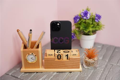 Image of CRAFT CLOSET & GIFTS Wooden Pencil Pen Stand Holder with Rolling Calendar and Mobile Stand Slot - Personalized Office Accessory for IAS, Advocate, Office & Corporate Gifts