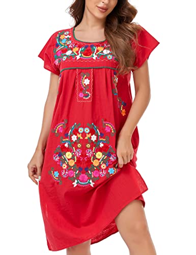 Image of YZXDORWJ Women Mexican Embroidered Long Dress Ruffle Collar Maxi Boho Floral Summer Short Sleeve