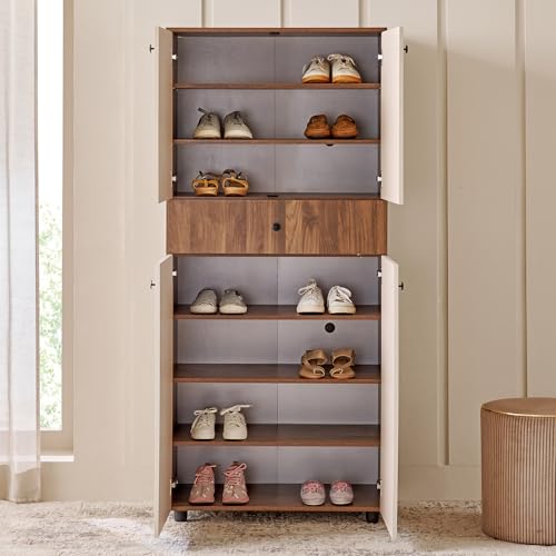 Image of Home Centre | Addison 24 Pairs Shoe Cabinet with Drawer | Engineered Wood | Walnut | 1 Year Warranty